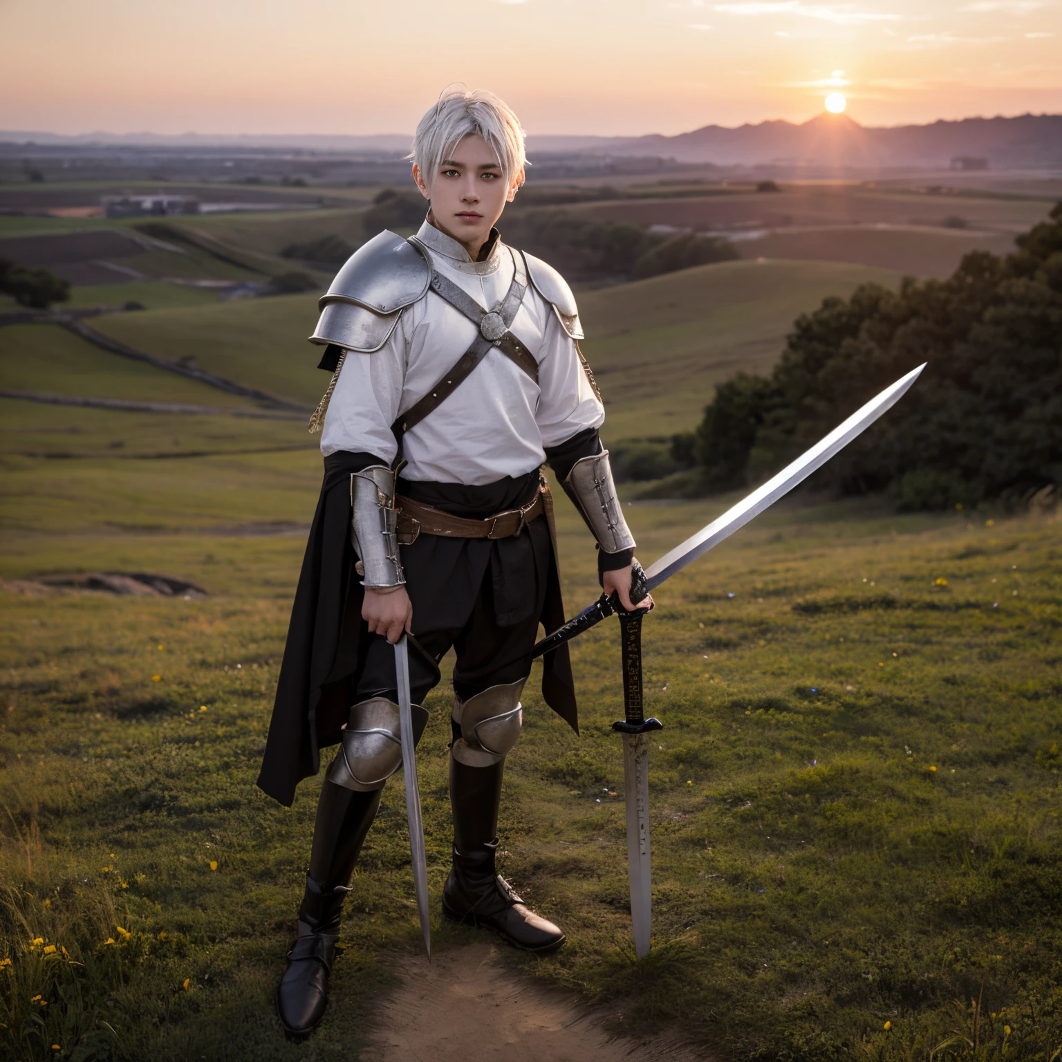 A white-haired boy holds a medieval sword stuck in the ground，The background  the battlefield under the sunset。The boy with white hair，Medieval War Armor，Red eyes