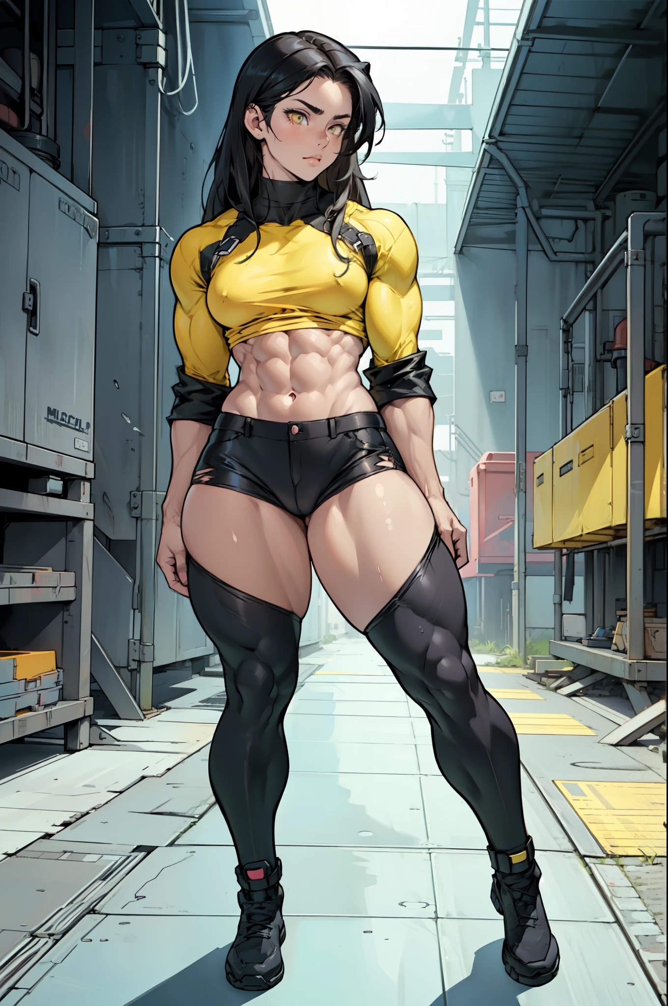 (((((muscular 1girl))))) ((((thick thighs toned body small breasts)))) (pale skin) black hair yellow eyes very long hair ((full body)) tight shirt tight pants solo solo