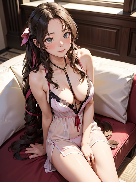 (top-quality, masterpiece, (Ultra high definition,4K), (超A high resolution,in 8K),masutepiece:1.2), (Angle from above), (Perfect Anatomy,Anatomically accurate), (Soft lighting, 光线追踪), (((Open legs sitting on a sofa in the lobby of a luxury hotel))), ((Aerith Gainsborough lookalike)), (A girl who can't stop laughing), Pink spats, (cute nightgown), Cute panties, (Crisp double eyelids), (fascinated expression),(Large breasts:1.3),(Soft skin), (Photorealistic), (Soft skin), (colourful hair)