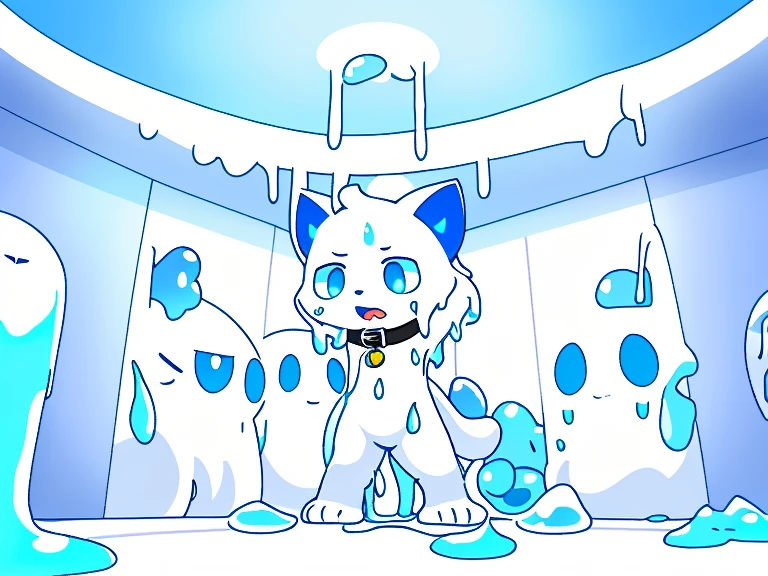 White cat standing on the floor in the room，Slime falls from the ceiling onto the cat&#39;heads，White cat touching crotch，horrified expression，eBlue eyes！Collar，A bright room！！！slimes！