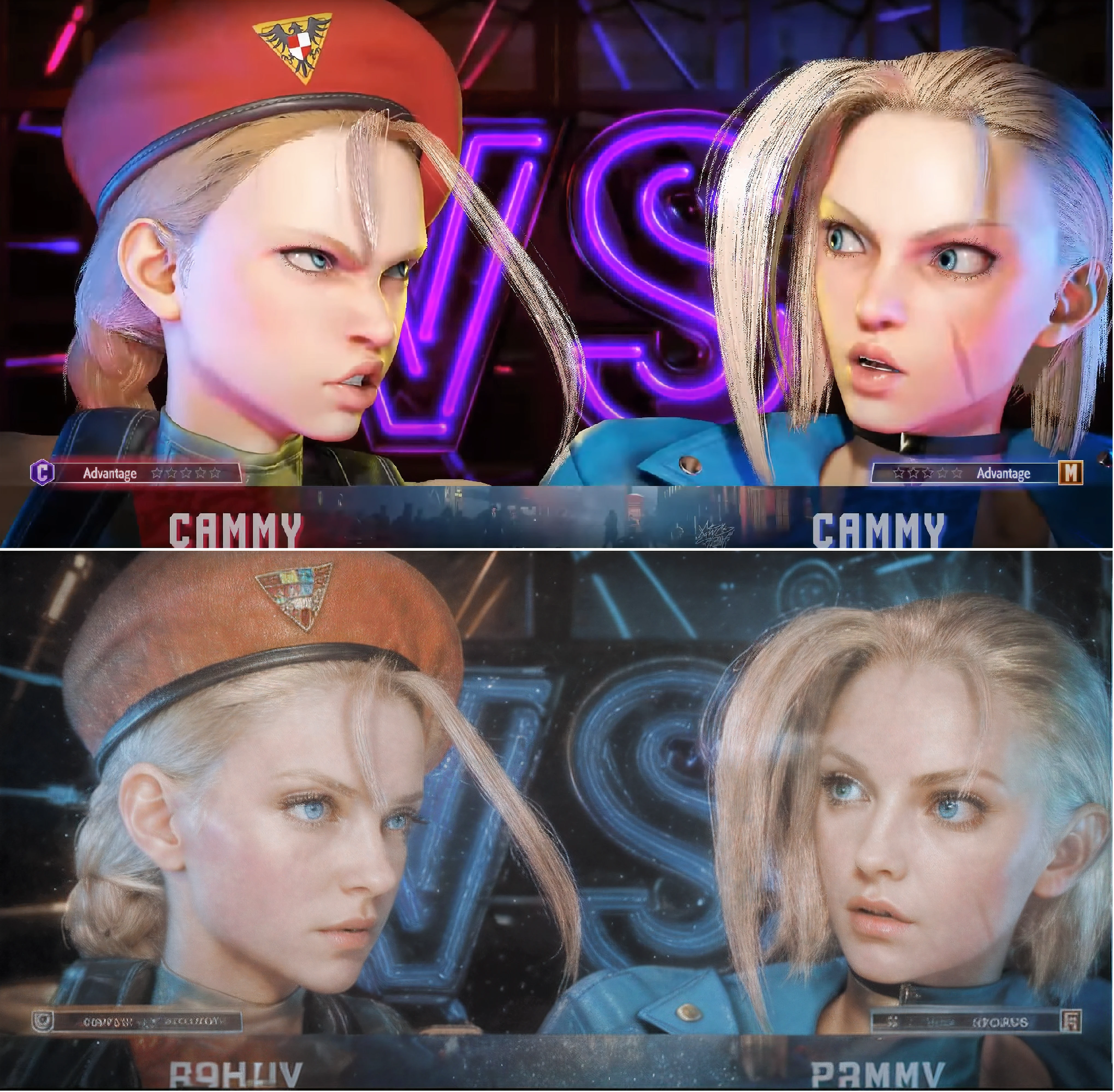 ((8k wallpaper, best_quality, masterpiece):1.2),((best_quality):1.2),((ultra_highres):1.2),ultra-realistic skin texture, ultra-realistic eyes glow, ultra-realistic hair texture, big eyes, clear double eyelids, eyelashesgolden ratio face, perfect face,lip gloss, pale lips,(cinematic_light),two women in uniform are facing each other in a video game, (Cammy_Street_Fighter), cutscene footage, fighting game, close-up fight.