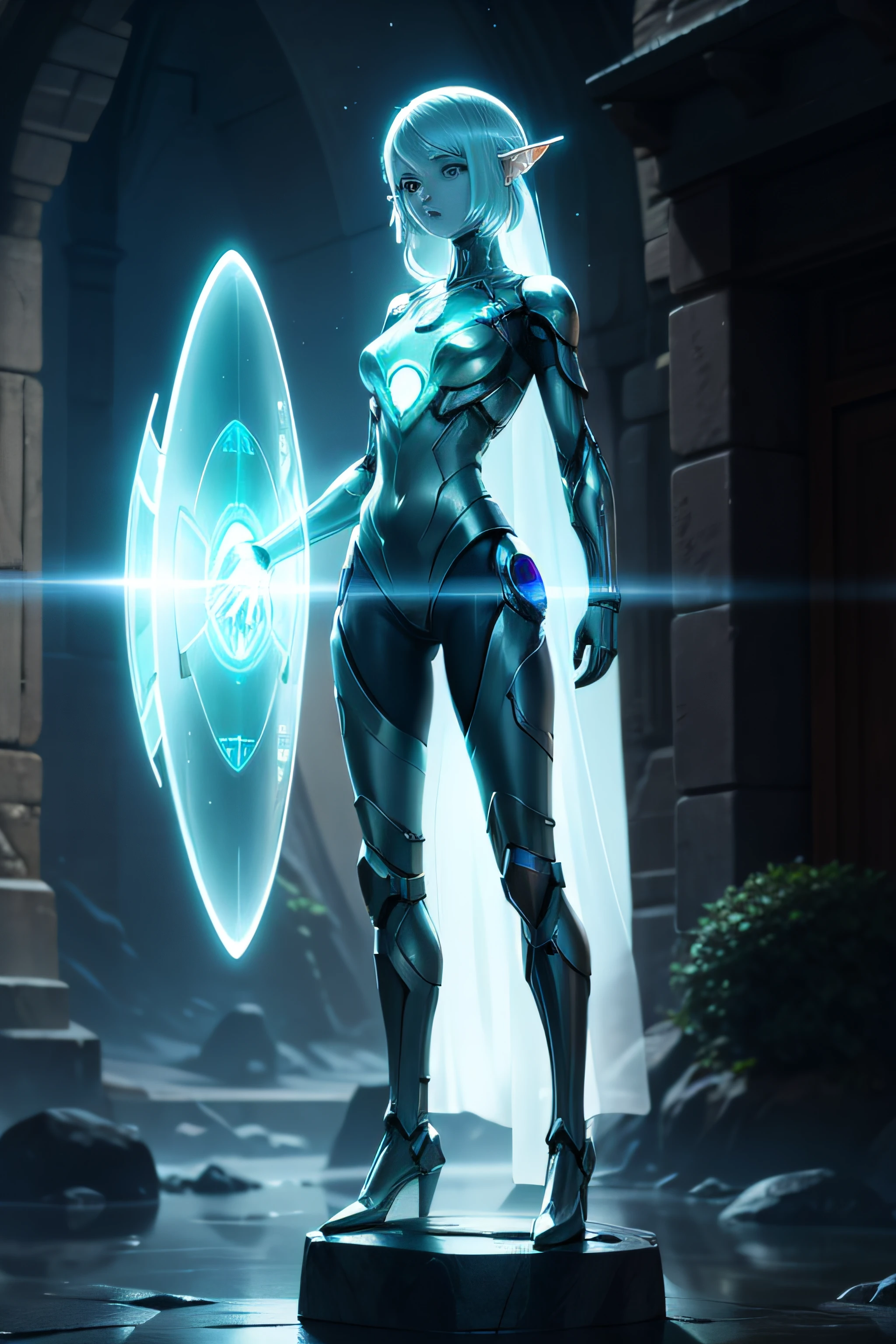 A machine AI elf girl stands on the stone ,translucent head, The whole person glowing, Alien technology
