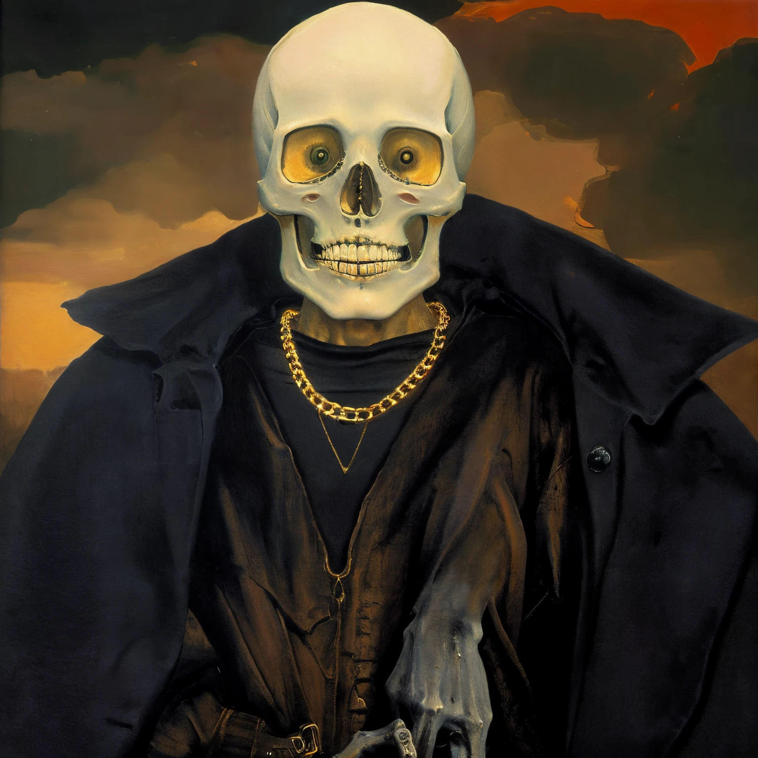A skeleton wearing a black coat and a gold chain around his neck, a creepy hell in the background, painted by Zdzisław Beksiński, oil painting texture, red color palette, creepy, nightmare