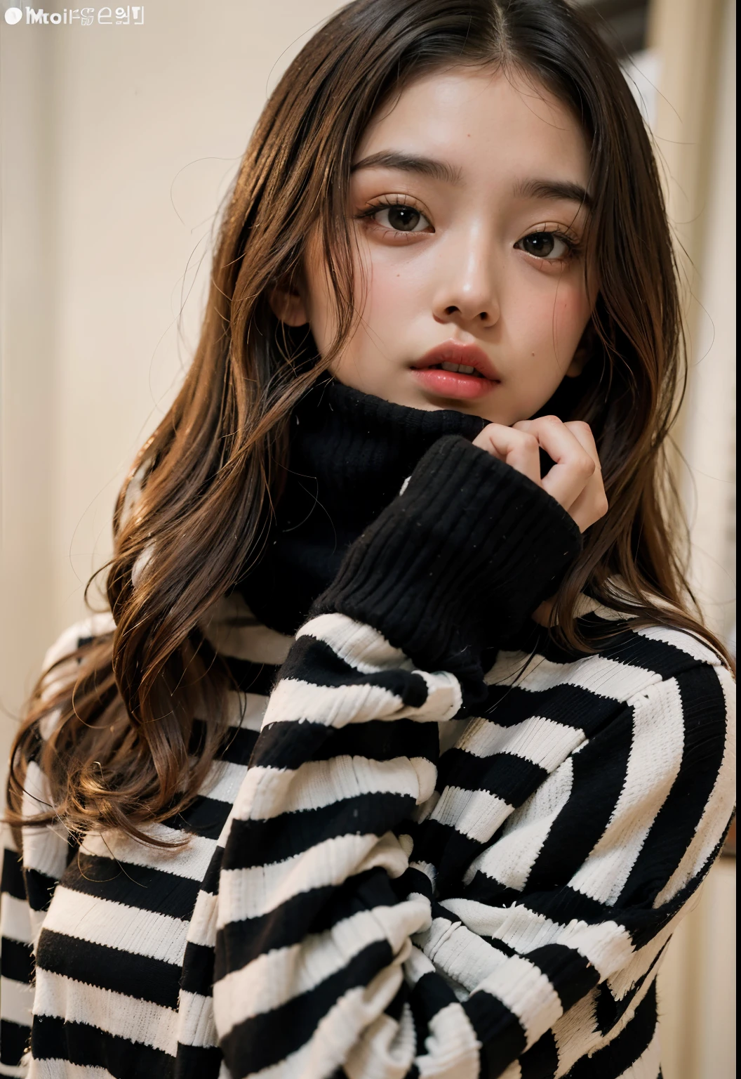 Arafed woman with long hair and wearing a black and white sweater., Rayas, ( ????? marfil ), ulzzang, Striped sweater, raya sobre el ojo, Modelo de moda femenina coreana, rayas negras, Chica coreana, Usando cuello de tortuga, Bae Suzy, rayado, color blanco y negro, monocromo, Chica joven y linda, Furthermore, photo session, Hermosa joven coreana