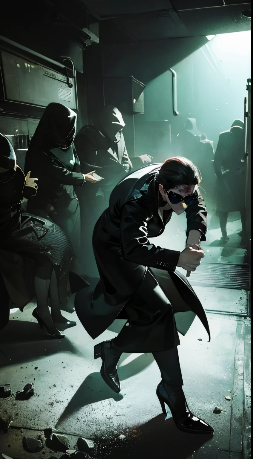 (best quality,ultra-detailed,realistic:1.37), secret agent, sunglasses, gun in hand, black suit, confident expression, action pose, futuristic city background, dramatic lighting, spy, stealth, high-tech gadgets, intense atmosphere, shadows, mysterious aura, sleek and stylish, professional, espionage, thriller, cinematic masterpiece, dark color palette, dynamic composition, iconic, adrenaline-filled, high contrast, neon lights, covert operation