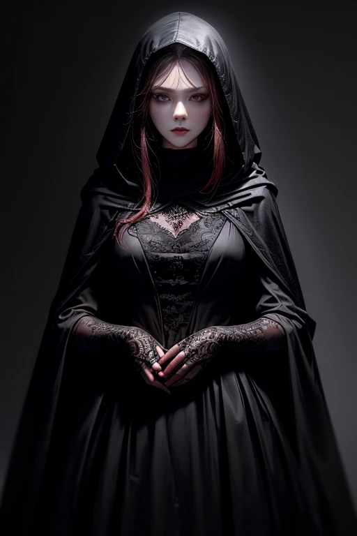 (masterpiece、top-quality、realisitic:1.37)、(intricate and delicate、high detailed skin and face)、red eyes glowing:2、beautiful queen in a black dress、Luxurious dark hooded robe、A red rose、(tiarra、roses、A black、murky)、dark backgrounds、Cinematic soft lighting