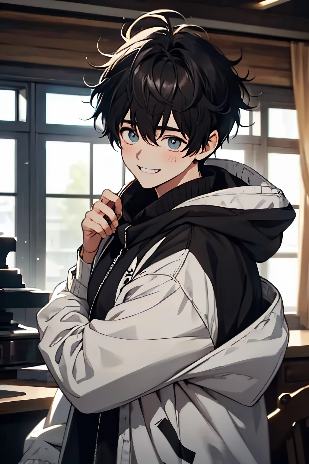 ultra-detailliert, Best Quality, finely detail, Anime Boy, 1 boy, Man's, Black hair, Medium Hair, Messy pointed hair, Black fur jacket, Black clothes, Cat ears, Animal ears, Black cat tail, Black shorts, Smiling, Anime Hair, voluminous and untidy hair, Man's, the hood around the neck  very large,