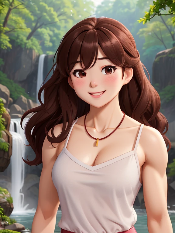 attractive korean woman, ripped muscle, muscular body, small breast, pale skin, smile(blush), chemise, thin necklace, sixpack abs, [ultra detailed skin:1.2], brown hair, wavy hair, 8k uhd, full body, crowd, public, forest, waterfall, standing,