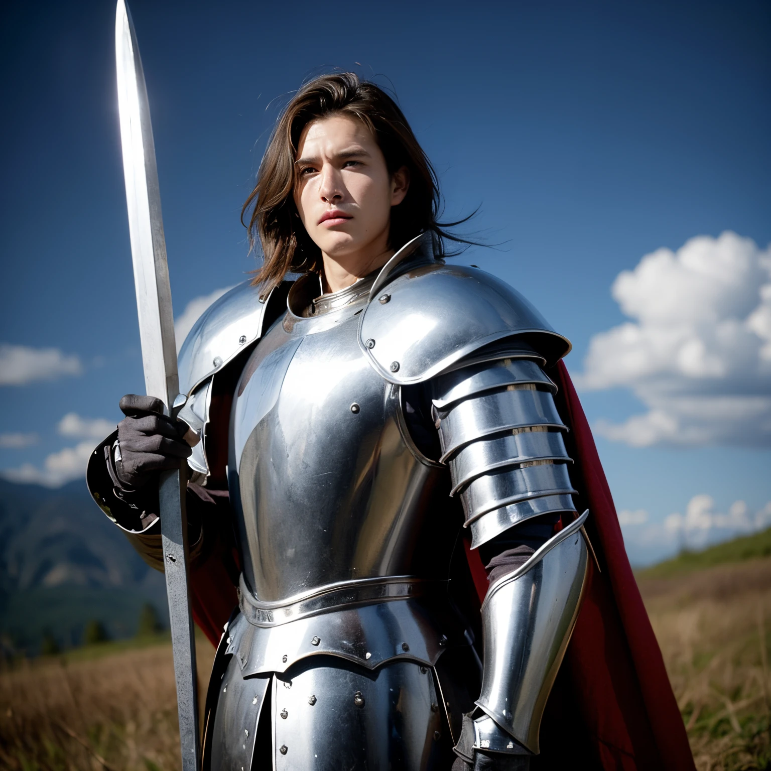 battlefiled，Brown-haired man，Medieval War Armor，With a big sword in his hand，Staring into the distance