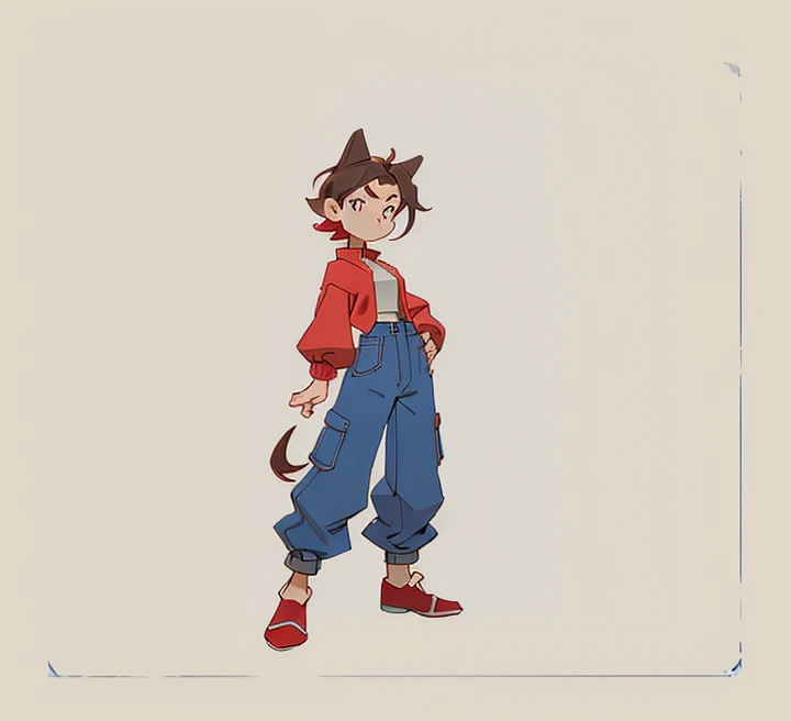 Crimson top，Dark blue pants highlight the waistline，A ball head，Brown hair，Black colored eyes，dark red shoes，one-girl，stand posture，Show off your exquisite facial featureace HD restoration，Game standing diagram，（（five finger）），right hand stretched out，Handsome image，Ears exposed，larger handposing ankle