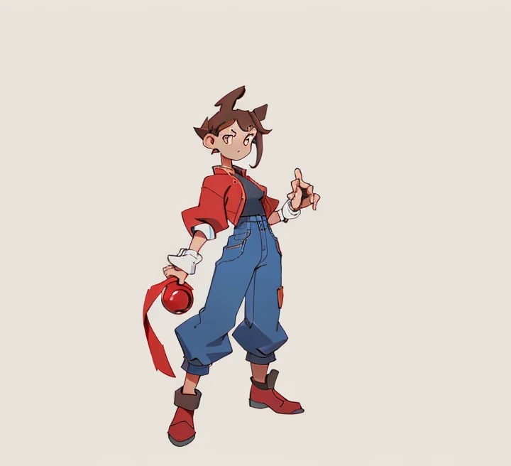 Crimson top，Dark blue pants highlight the waistline，A ball head，Brown hair，Black colored eyes，dark red shoes，one-girl，stand posture，Show off your exquisite facial featureace HD restoration，Game standing diagram，（（five finger）），right hand stretched out，Handsome image，Ears exposed，larger handposing ankle