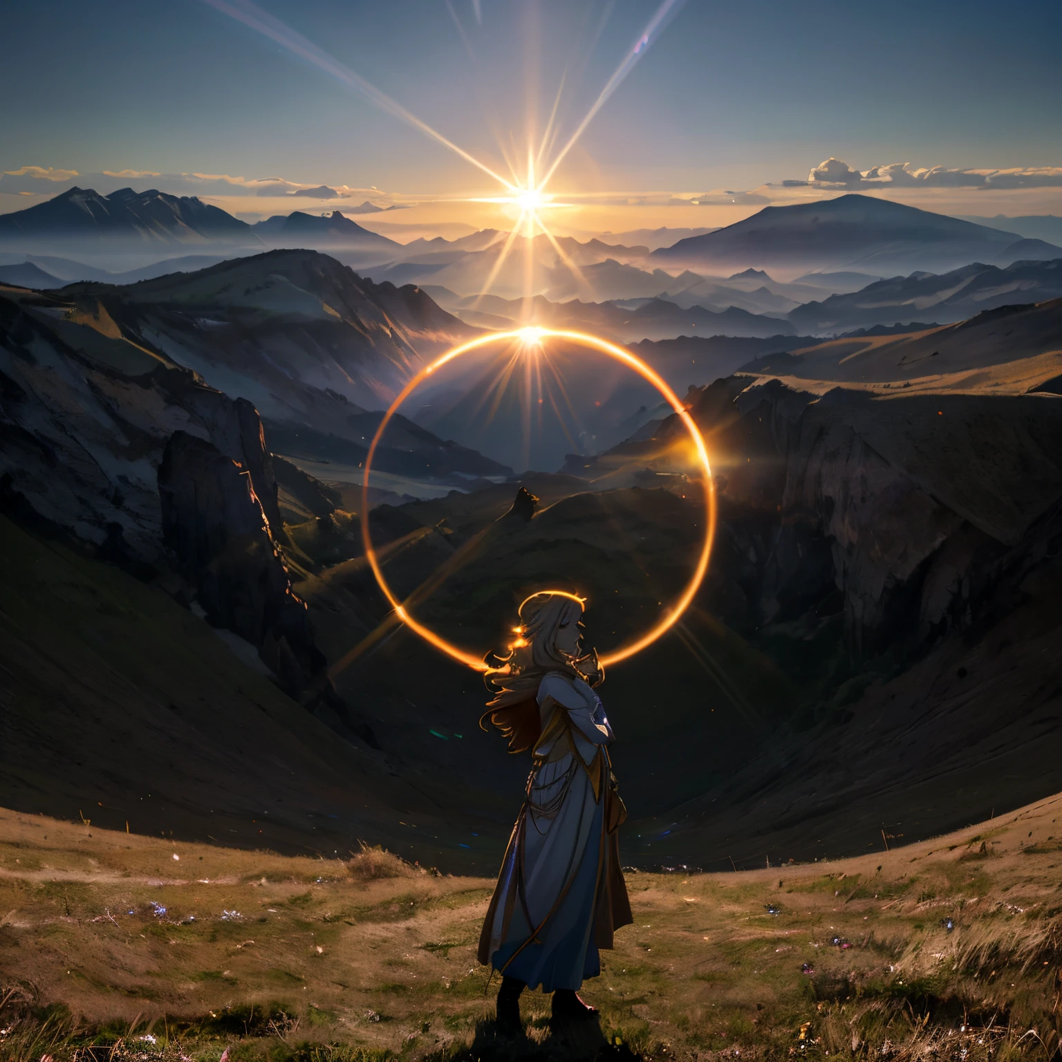 arafed woman standing on a hill with a ring of light in the air, glowing lens flare wraith girl, sunset halo around her head, sunset halo behind her head, the girl and the sun, by Matthias Weischer, a glowing halo, sunburst behind woman, halo of light, lense flares, portal to another world, glowing halo, mystical setting