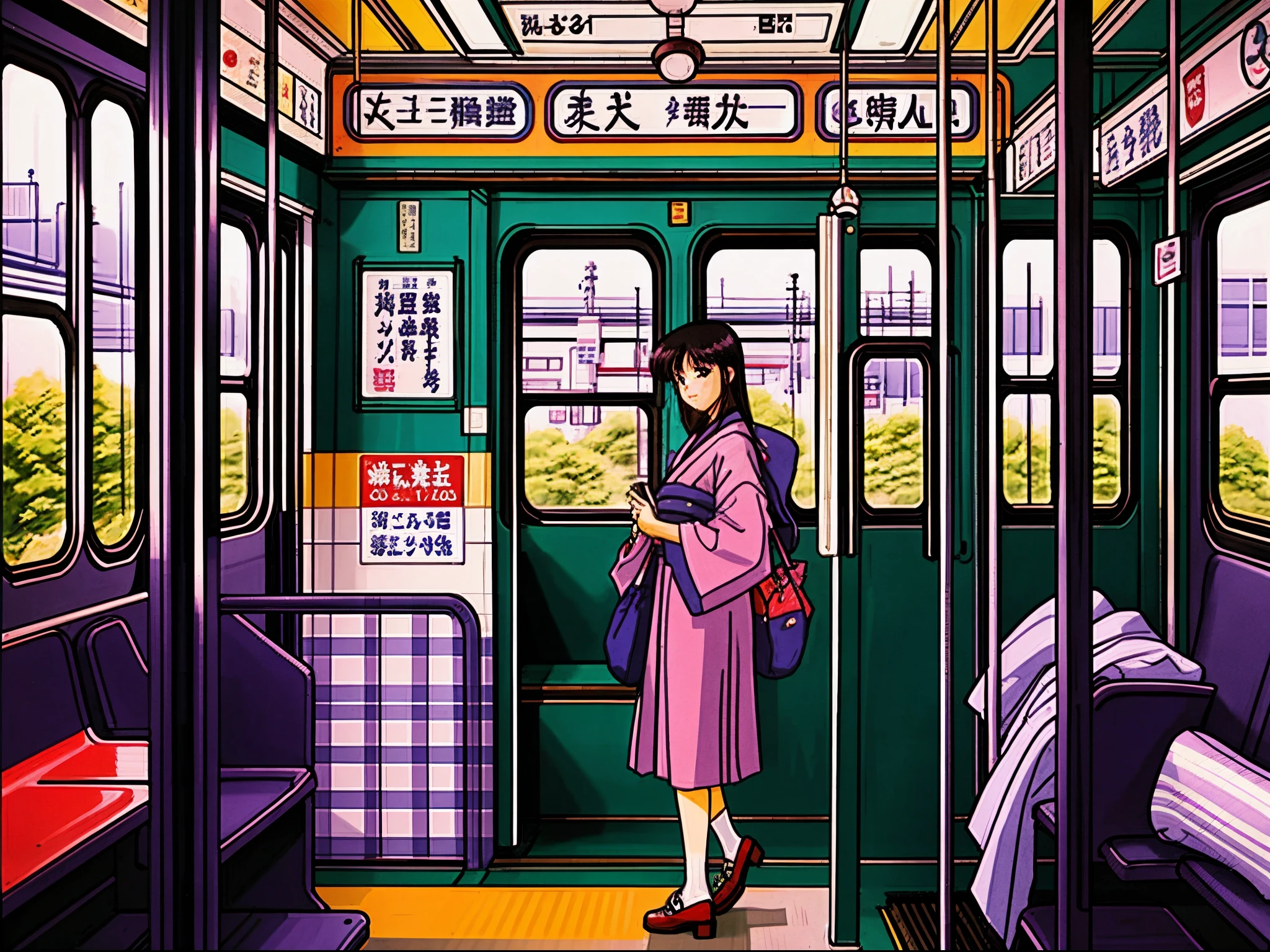 1990s \(style\), portrait of a girl in a train in japan