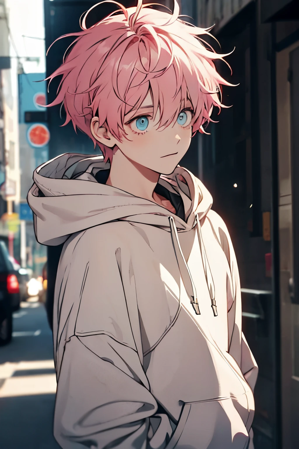 Boy with pink hair, hoodie, skate, messy hair, (eyes:1.5)