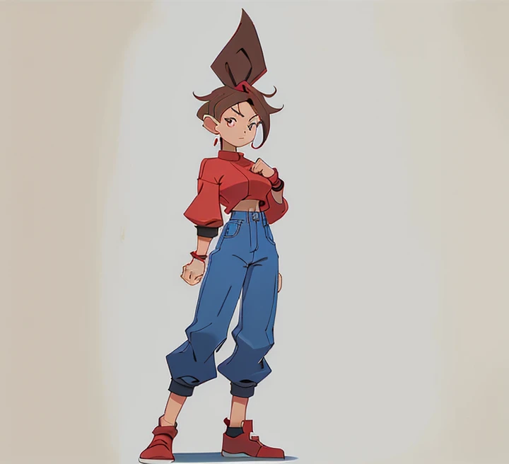 Crimson top,Dark blue pants highlight the waistline,A ball head,Brown hair,Black colored eyes,dark red shoes,one-girl,stand posture,Show off your exquisite facial featureace HD restoration,Game standing diagram,((five finger)),right hand stretched out,Handsome image,Ears exposed,larger handposing ankle