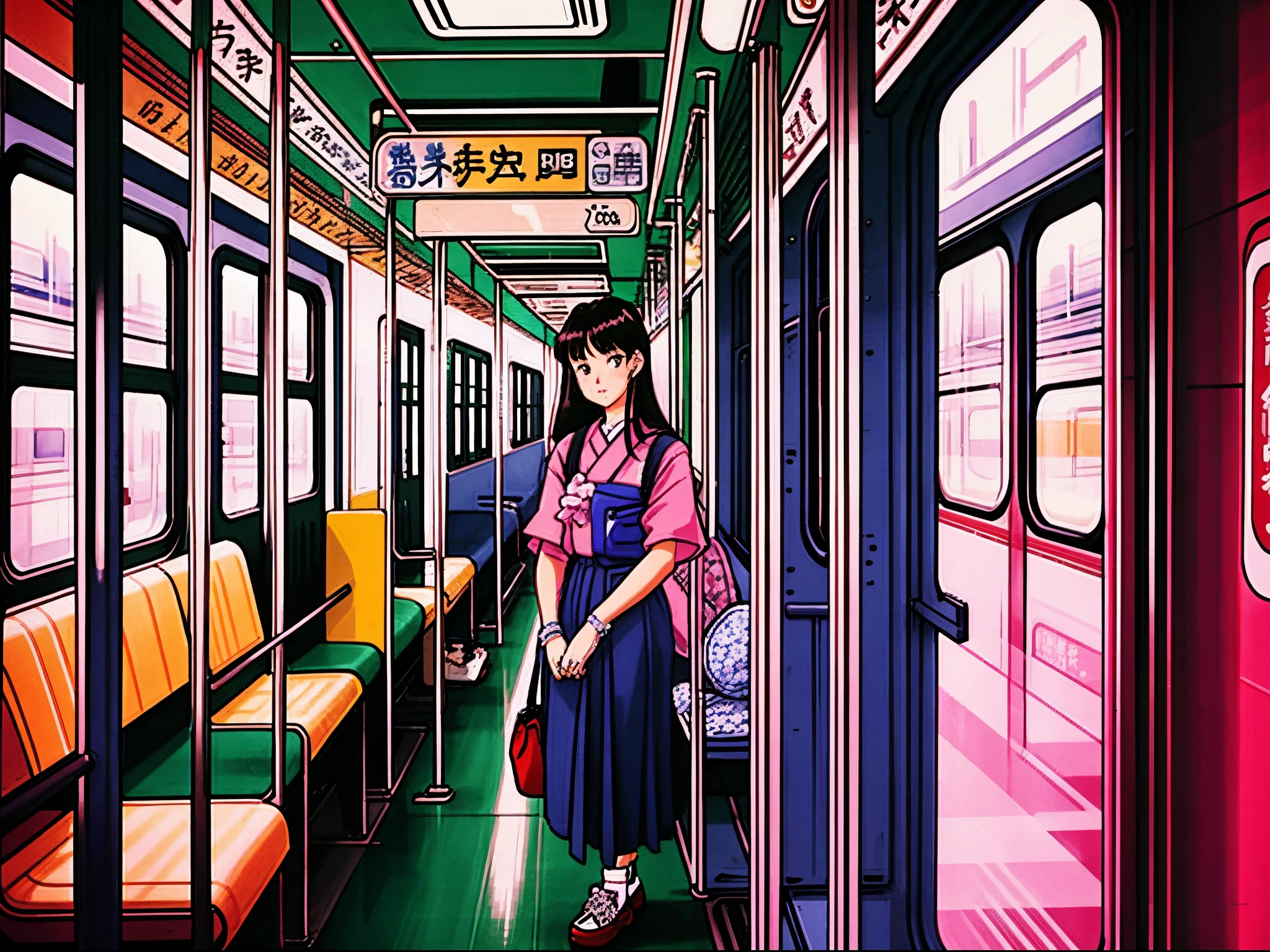 1990s \(style\), portrait of a girl in a train in japan