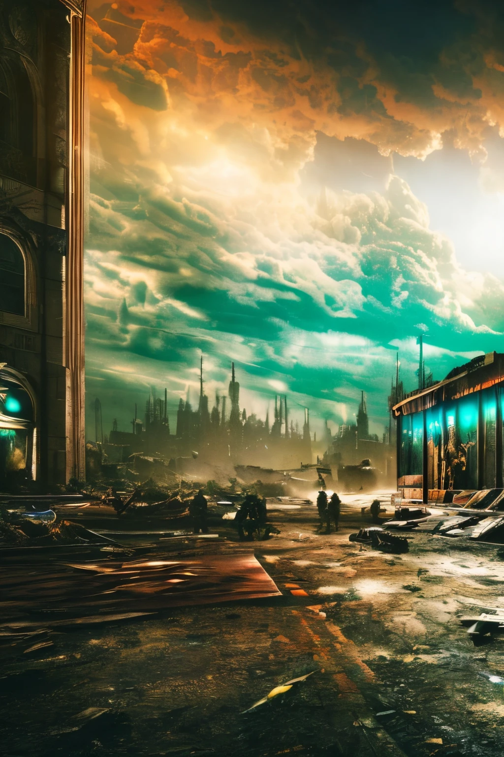 end of the world, epic realistic, ((((hdr)))), ((((muted colors)))), apocalypse, abandoned, neutral colors, night, screen space refractions, (intricate details), ((intricate details, hyperdetailed)), artstation, cinematic shot, vignette, complex background, [[teal and orange]], technicolor, flipped over building