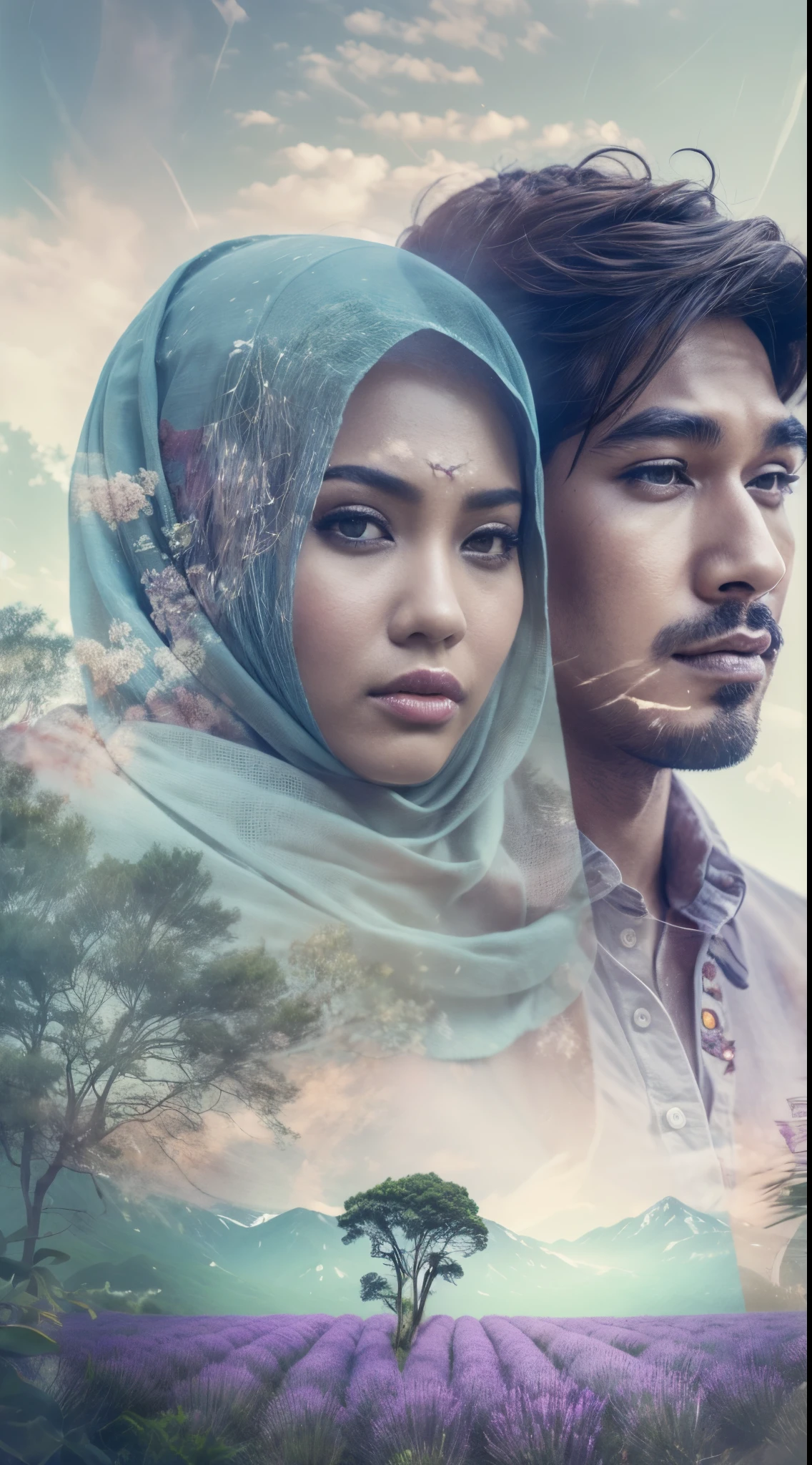 Combine a portrait of a Malay man and a malay girl in hijab with a serene natural lavender landscape, creating a harmonious double exposure effect, double exposure drama poster style,