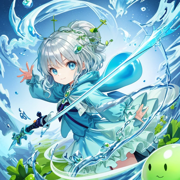 Tiny slime girl slime child jelly monster playing with sword cute adorable slime monster with sword Silver hair bubble slime  with a happy expression cute eyes magic sword in hand