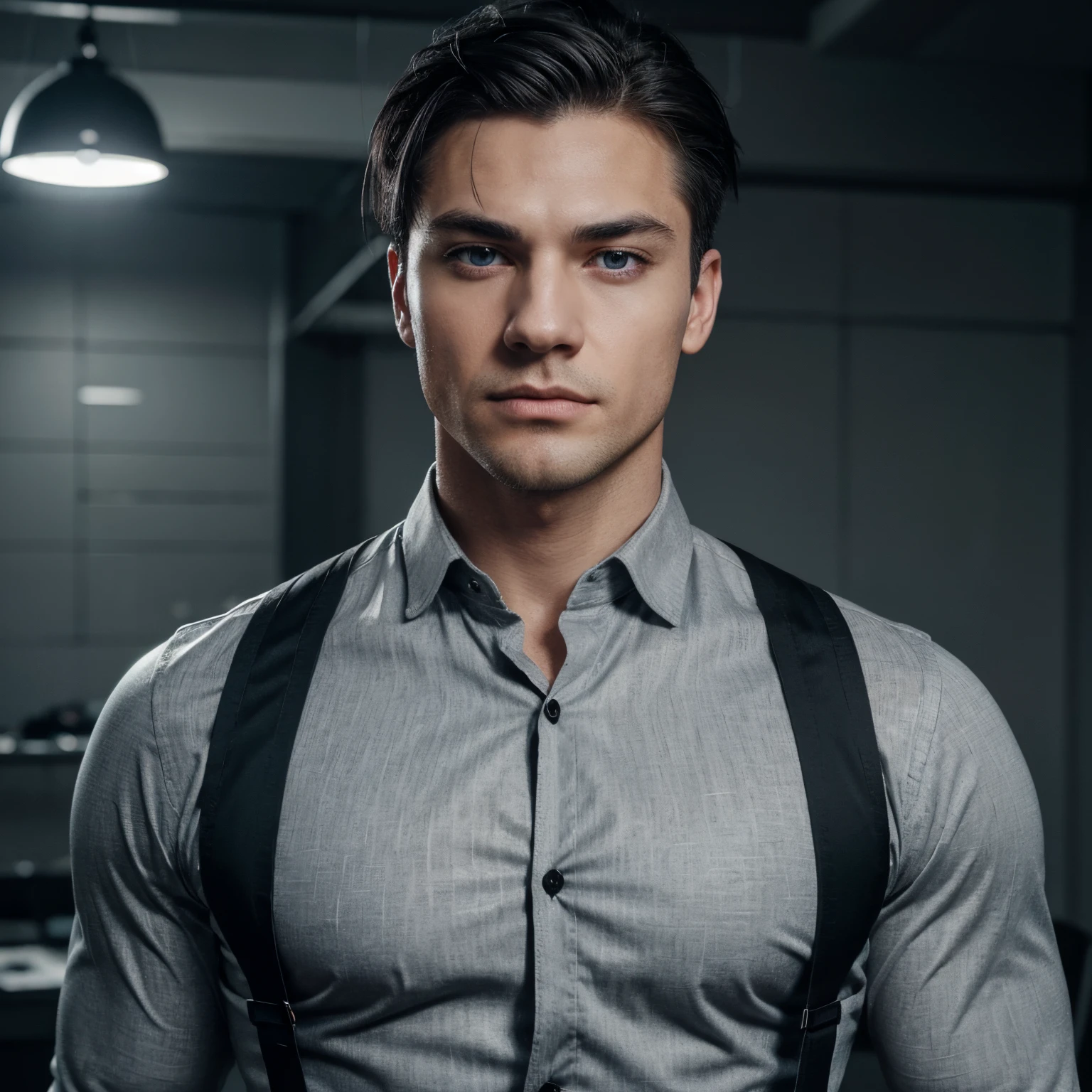 best quality, icy blue eyes, hunter eyes, hunter eye shape, fair skin, perfect face, slim nose scar below left eye, spiky eye length hair, short  k-pop hair, black hair with light gray strikes, black and gray hair, genshin impact, realistic, handsome, muscled, beefy, young man, dark gray long sleeve shirt, formal shirt, light gray formal vest, black harness over classy shirt, black bandages on arms and neck, full body picture