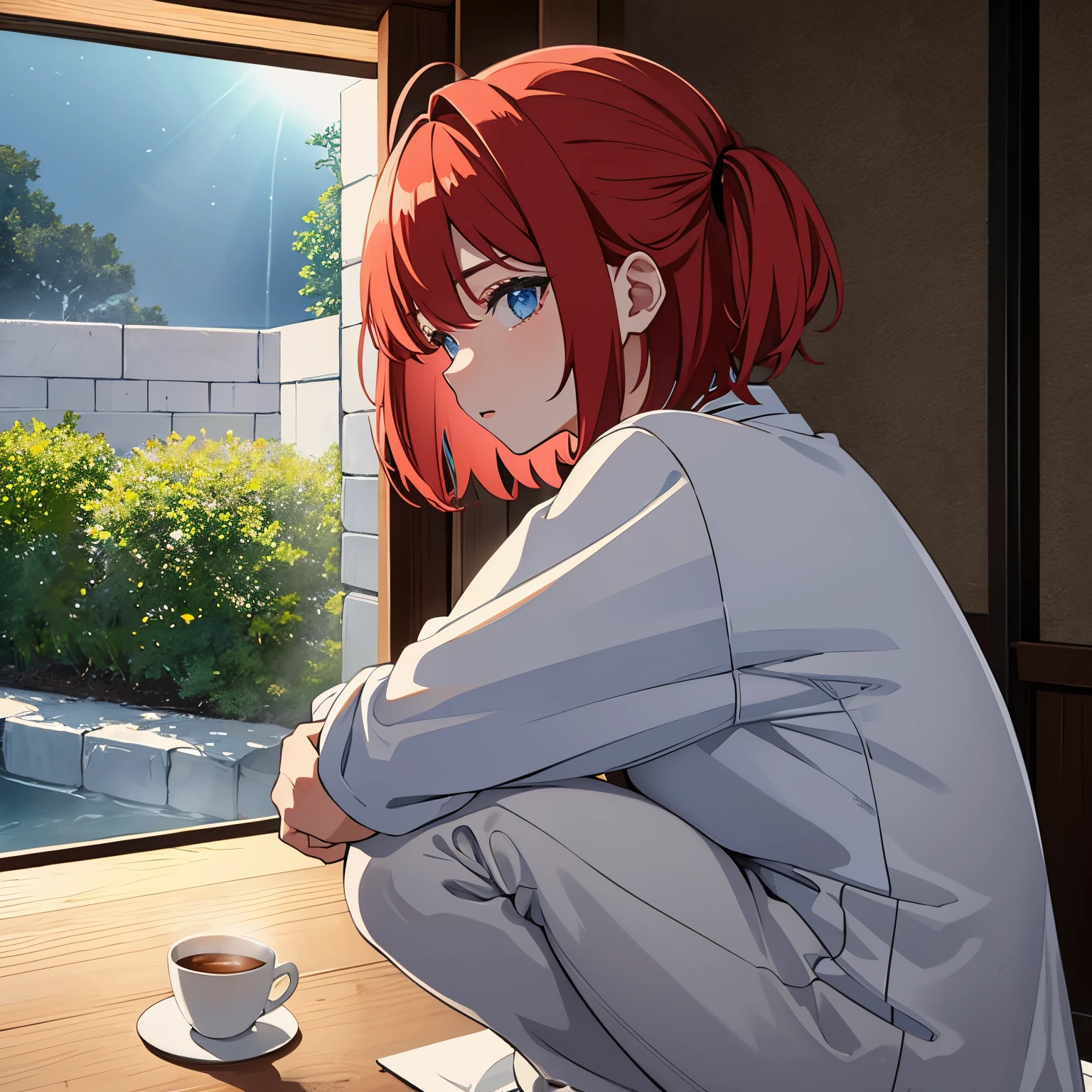 1 girl in,redhair、bob cuts、Blue eyes、wink、profile、sideways eyes、Have a coffee cup、profile,room illuminated by moonlight、in 8K, A hyper-realistic, lensflare,Fun atmosphere, brilliance, detaileds, Convoluted, full of colour, lighting like a movie, Trending on ArtStation, in a 4k, hyper realisitic, Focus, Extreme details, Unreal engine5, Cinematic, ​masterpiece, top-quality、shadings