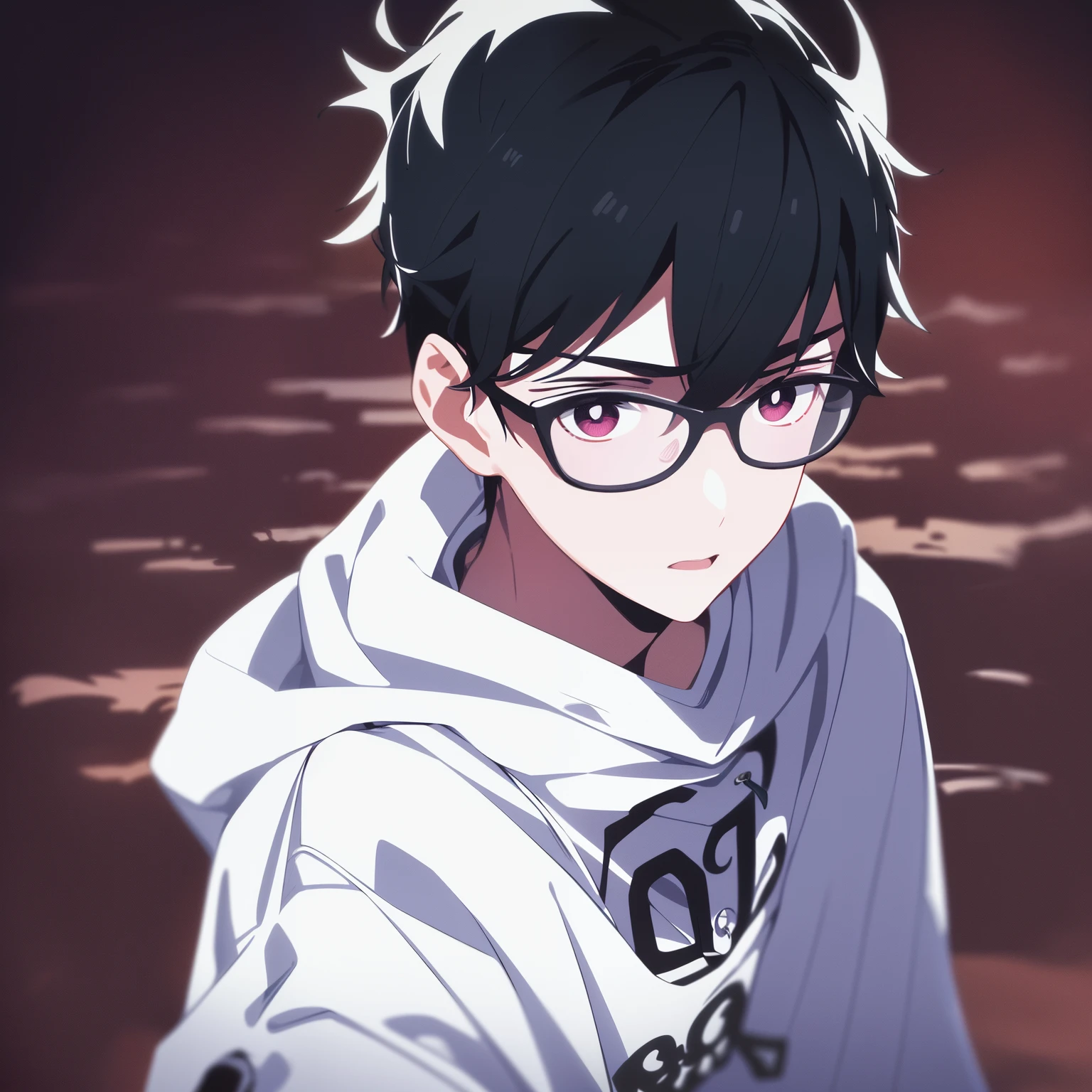 tmasterpiece, Best quality at best, high high quality, 1 boy, Alone, malefocus, looking at viewert, Upper part of the body, 黑The eye, ryuunosuke，wear a sweater，Eyes resolute，Eternal，boy，eye glass，White sweatshirt