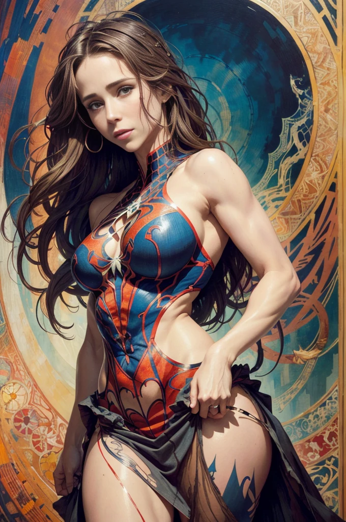 Jennifer Love Hewitt、Sticking out the navel、newyork、She wears a torn Spider-Man suit,wearing skirt、abstract photorealistic、artistic、Alphonse Mucha's painting(masterpiece、top-quality、hight resolution:1.4)、detaileds、intricate-detail、4K、color splashes、line-drawing、Fibonacci、