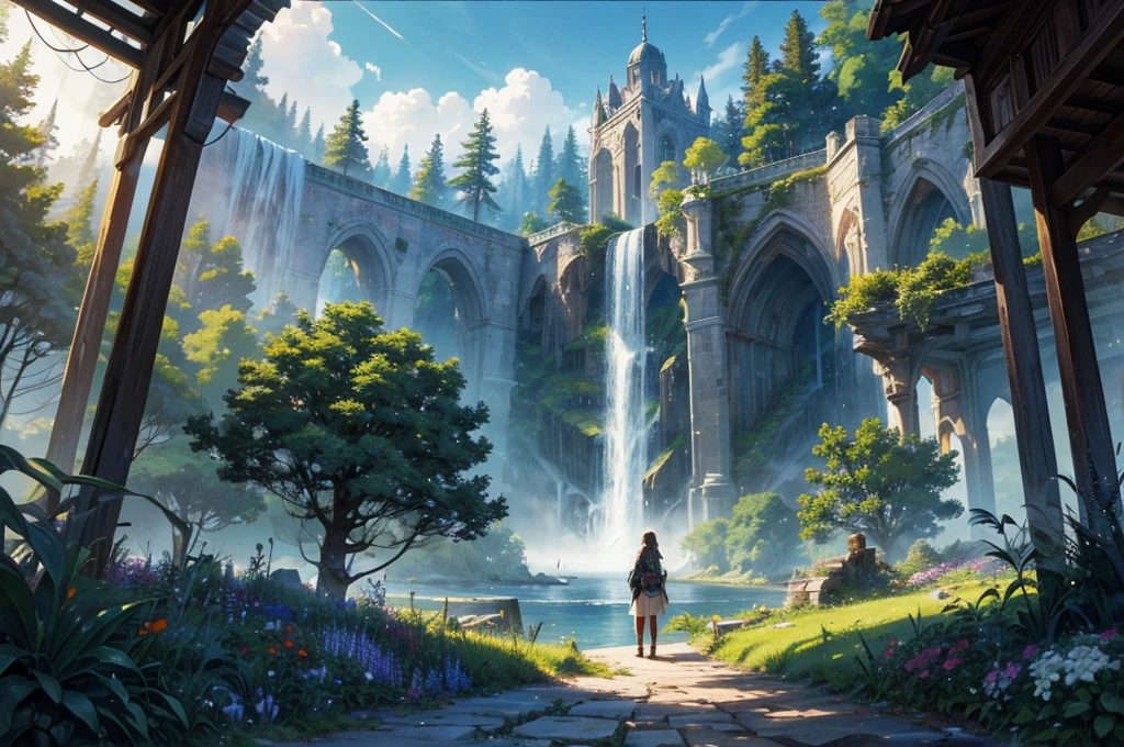 masterpiece, best quality,ultra-detailed, fine detailed, 8k, scenery, landscape, no humans, wide shot, twilight sky, great forest, unexplored region, multiple floating islands, ancient bridge, flower garden, ruins, greenhouse with decoration, Intricate European Bird Cage, forest, waterfall, nature, ray tracing, refraction, cinematic lighting, fisheye lens, tyndall effect