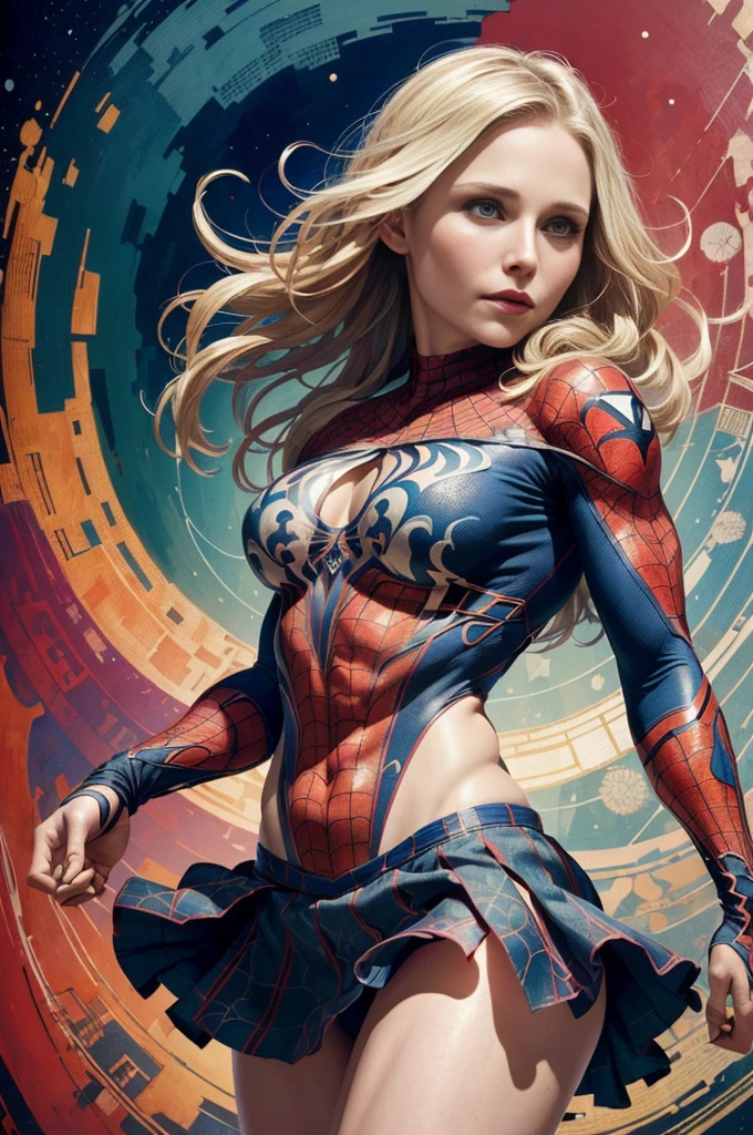 Kristen Bell、Sticking out the navel、newyork、She wears a torn Spider-Man suit,wearing skirt、abstract photorealistic、artistic、Alphonse Mucha's painting(masterpiece、top-quality、hight resolution:1.4)、detaileds、intricate-detail、4K、color splashes、line-drawing、Fibonacci、