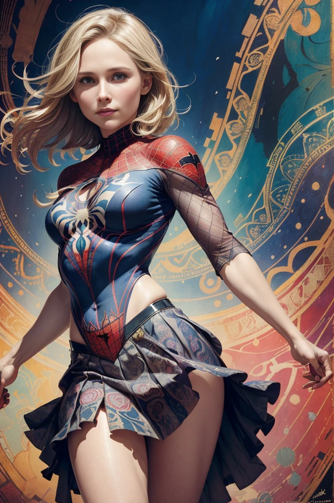 Kristen Bell、Sticking out the navel、newyork、She wears a torn Spider-Man suit,wearing skirt、abstract photorealistic、artistic、Alphonse Mucha's painting(​masterpiece、top-quality、hight resolution:1.4)、detaileds、intricate-detail、4K、color splashes、line-drawing、Fibonacci、