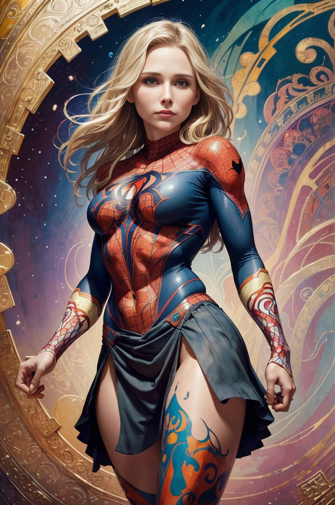Kristen Bell、Sticking out the navel、newyork、She wears a torn Spider-Man suit,wearing skirt、abstract photorealistic、artistic、Alphonse Mucha's painting(masterpiece、top-quality、hight resolution:1.4)、detaileds、intricate-detail、4K、color splashes、line-drawing、Fibonacci、