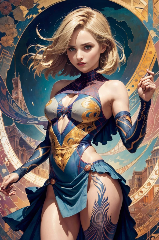Dianna Agron、Sticking out the navel、newyork、She wears a torn Spider-Man suit,wearing skirt、abstract photorealistic、artistic、Alphonse Mucha's painting(masterpiece、top-quality、hight resolution:1.4)、detaileds、intricate-detail、4K、color splashes、line-drawing、Fibonacci、