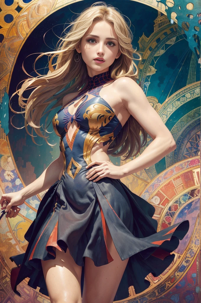 Dianna Agron、Sticking out the navel、newyork、She wears a torn Spider-Man suit,wearing skirt、abstract photorealistic、artistic、Alphonse Mucha's painting(masterpiece、top-quality、hight resolution:1.4)、detaileds、intricate-detail、4K、color splashes、line-drawing、Fibonacci、