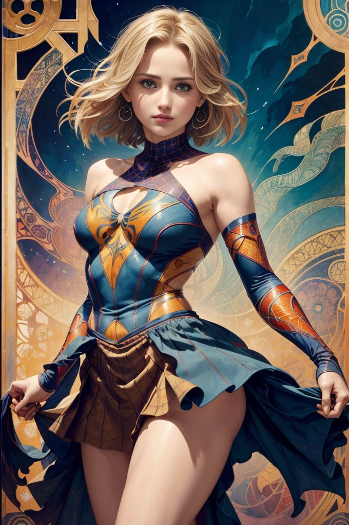 Dianna Agron、Sticking out the navel、newyork、She wears a torn Spider-Man suit,wearing skirt、abstract photorealistic、artistic、Alphonse Mucha's painting(masterpiece、top-quality、hight resolution:1.4)、detaileds、intricate-detail、4K、color splashes、line-drawing、Fibonacci、