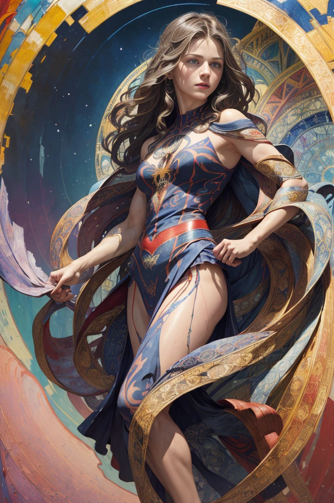sandra bullock、Sticking out the navel、newyork、She wears a torn Spider-Man suit,wearing skirt、abstract photorealistic、artistic、Alphonse Mucha's painting(masterpiece、top-quality、hight resolution:1.4)、detaileds、intricate-detail、4K、color splashes、line-drawing、Fibonacci、