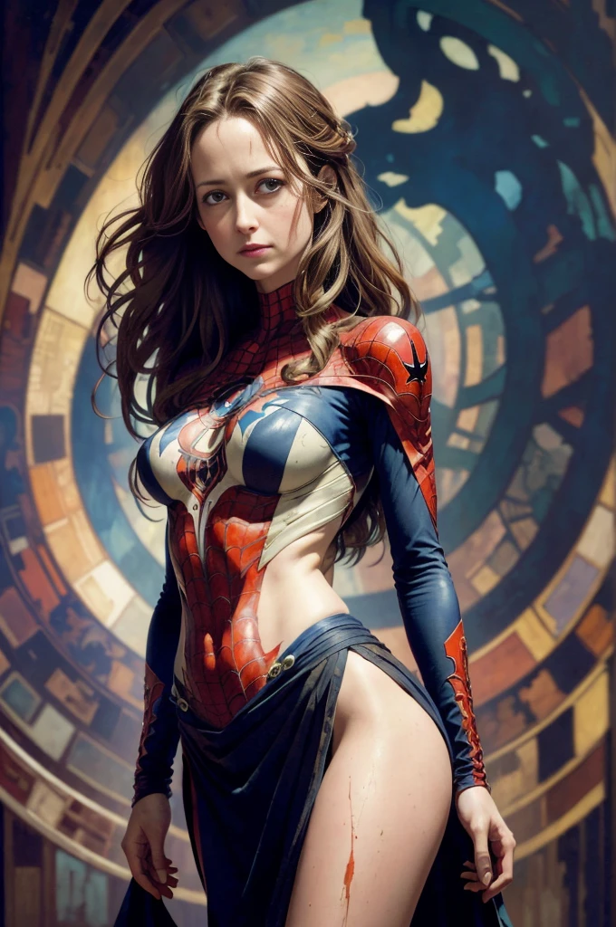 Amy Acker、Sticking out the navel、newyork、She wears a torn Spider-Man suit,wearing skirt、abstract photorealistic、artistic、Alphonse Mucha's painting(masterpiece、top-quality、hight resolution:1.4)、detaileds、intricate-detail、4K、color splashes、line-drawing、Fibonacci、