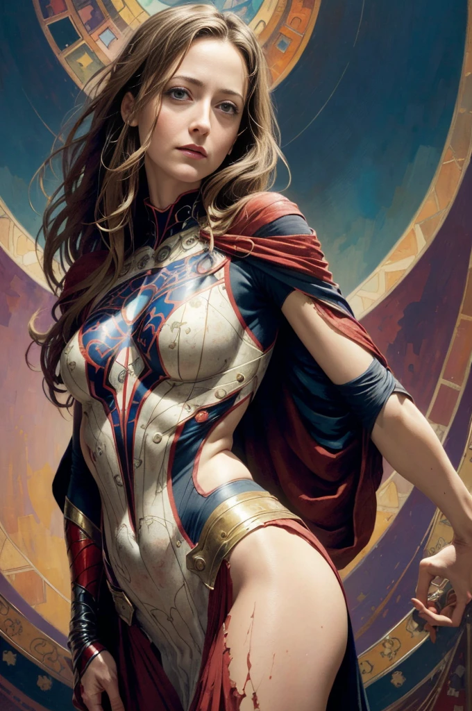 Amy Acker、Sticking out the navel、newyork、She wears a torn Spider-Man suit,wearing skirt、abstract photorealistic、artistic、Alphonse Mucha's painting(​masterpiece、top-quality、hight resolution:1.4)、detaileds、intricate-detail、4K、color splashes、line-drawing、Fibonacci、