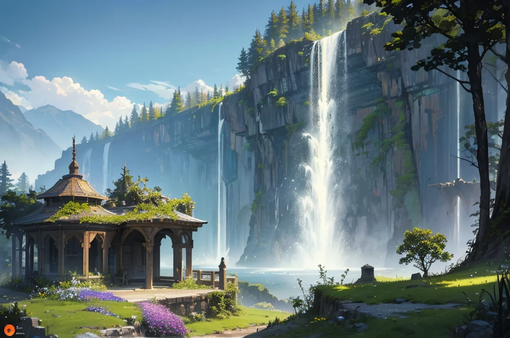 masterpiece, best quality,ultra-detailed, fine detailed, 8k, scenery, landscape, no humans, wide shot, twilight sky, great forest, unexplored region, multiple floating islands, ancient bridge, flower garden, ruins, greenhouse with decoration, Intricate European Bird Cage, forest, waterfall, nature, ray tracing, refraction, cinematic lighting, fisheye lens, tyndall effect