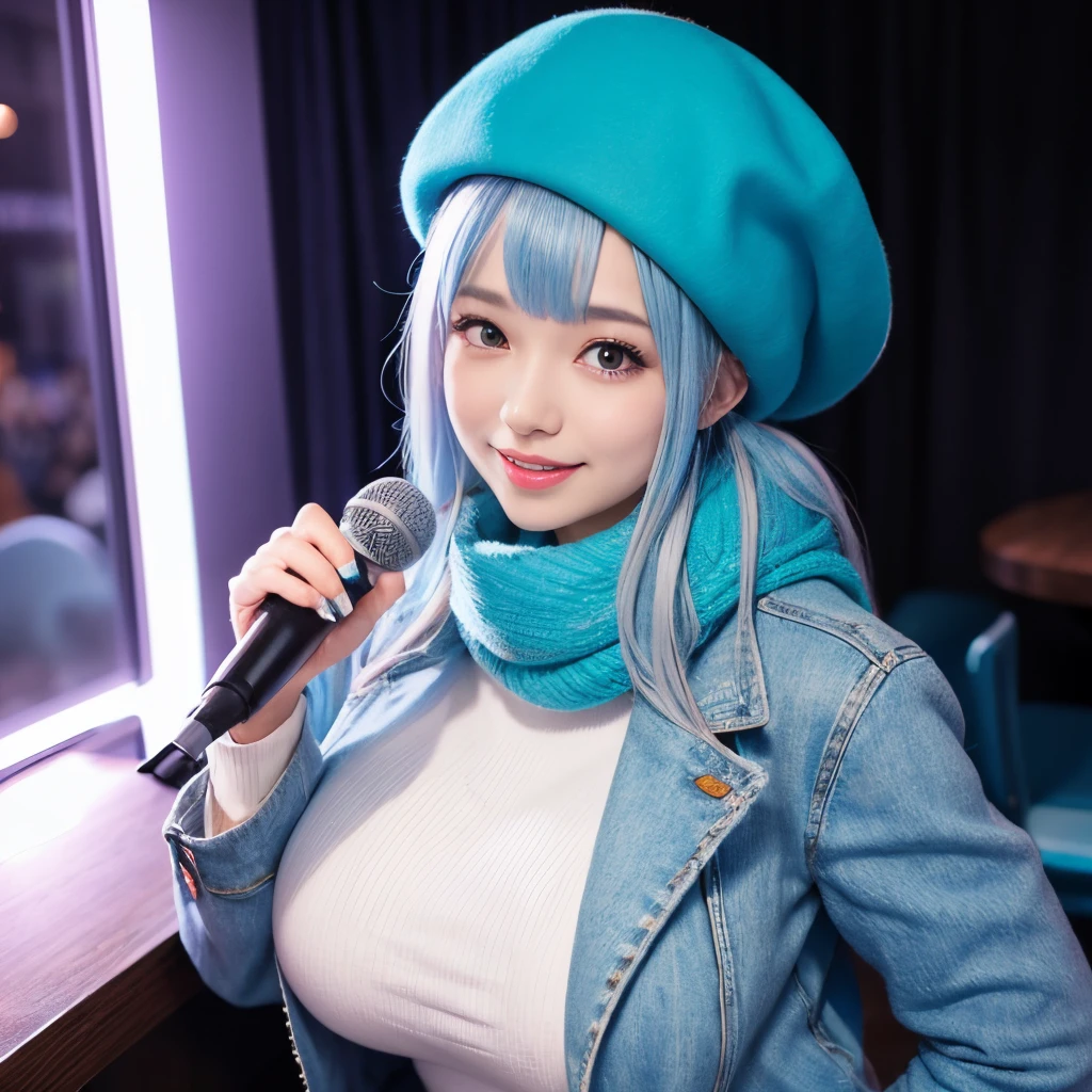 woman, beret, scarf, color: white and blue, cyan hair, bangs facing viewer, big breasts, full body angle, shy, smile, karaoke bar