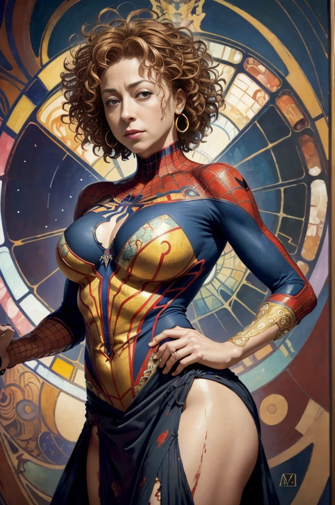 Alex Kingston、Sticking out the navel、newyork、She wears a torn Spider-Man suit,wearing skirt、abstract photorealistic、artistic、Alphonse Mucha's painting(​masterpiece、top-quality、hight resolution:1.4)、detaileds、intricate-detail、4K、color splashes、line-drawing、Fibonacci、
