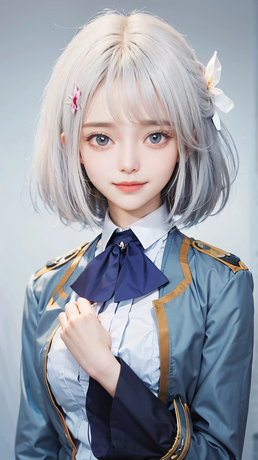 Lora realistis blue shirt Hands on chest with a smile