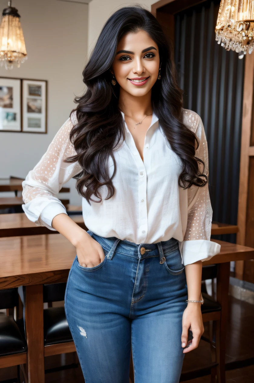 Portrait of A confident-looking indian woman with long flowing hair, hazel eyes, blue jeans, smiling, standing in , perfect composition, hyperrealistic, super detailed, 8k, high quality, trending art, trending on artstation, sharp focus, siberian photo, intricate details, highly detailed, Full body, White shirt, standing in cafe