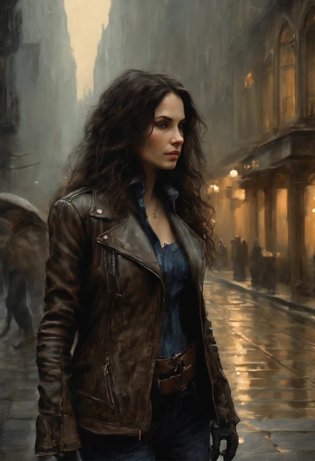 真实感, dark fantasy style, John Tolkien style, Small painting by Jean-Baptiste Monge, Soft facial features, Rocker Girl, looking at away, Long wavy dark hair, In a short dark leather jacket....., Jeans, predatory nature, Standing next to a motorcycle, rain is dripping, The city, megalopolis, city trail, big house, glass skyscraper Jean-Baptiste Monge, anthropomorphic --ar 2:3 --testp -optimistic;