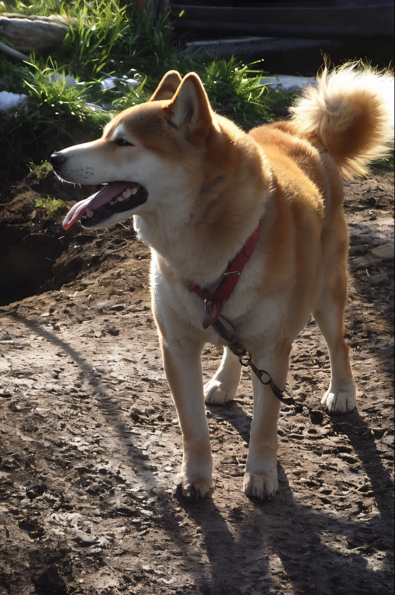 A dog is standing on the dirt road, shibu inu, shiba inu dog, Shiba Inu, anthropomorphic shiba inu, shiba inu holding a baseball bat, japanese dog, koda kazuma, Dingo mascot, shrine maiden, shiba inu portrait, Charizard dog hybrid animal