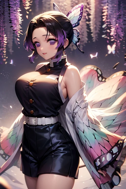 kochou shinobu, 1girl in,masutepiece, multicolored hair,Sleeveless, Purple eyes, Black jacket,Black skirt,uniform, White haori, , Multiple butterflies, , laked sunset, Lens Flare, Perfect Lighting, Highest Quality, Hands behind, thick thighs, Large breasts, Highest Quality, High resolution.