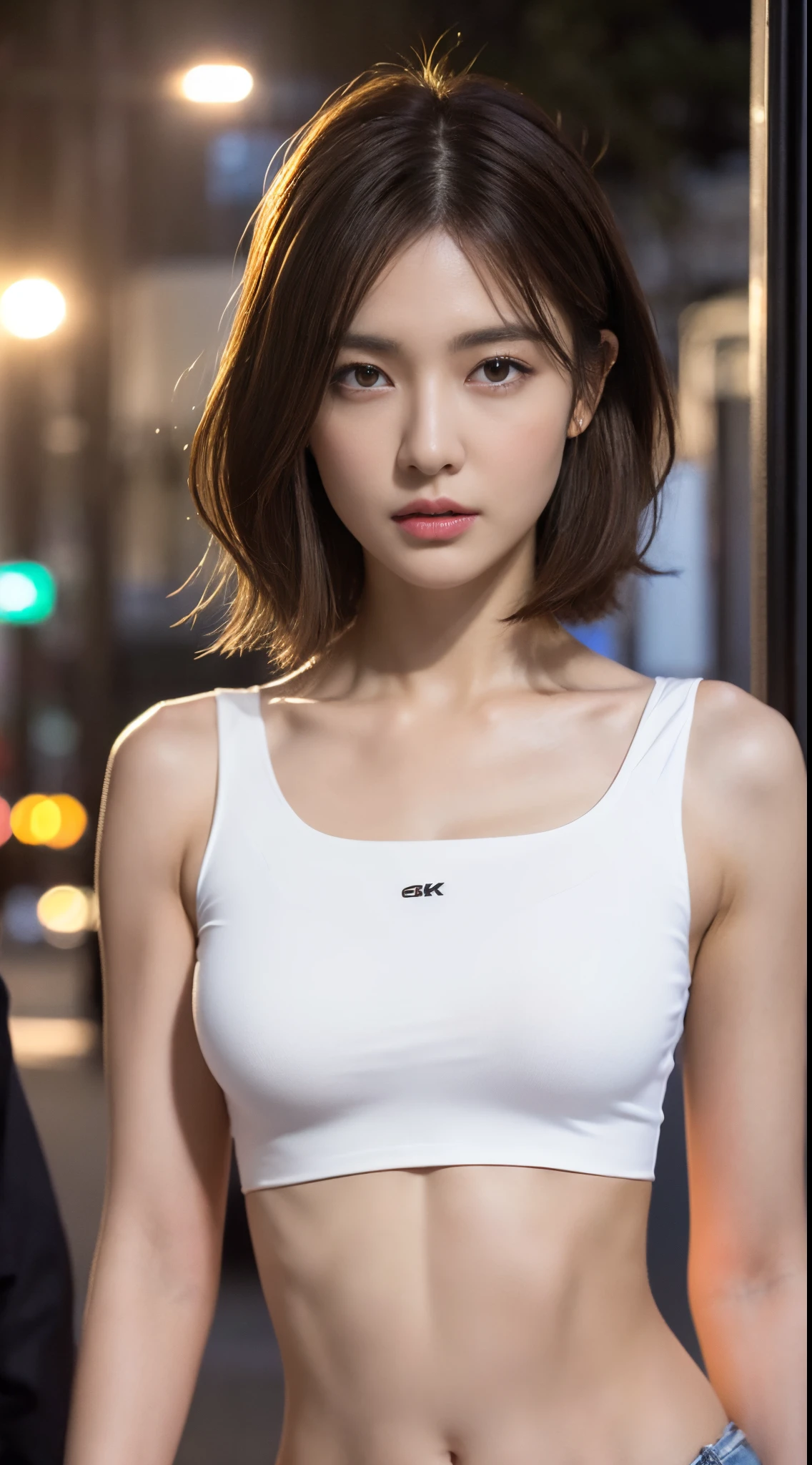 ((Realistic lighting, Best quality, 8K, Masterpiece: 1.3)), Clear focus: 1.2, 1girl, Perfect Figure: 1.4, Slim Abs: 1.1, ((Dark brown hair)), (White crop top: 1.4), (Outdoor, Night: 1.1), City streets, Super fine face, Fine eyes, Double eyelids,