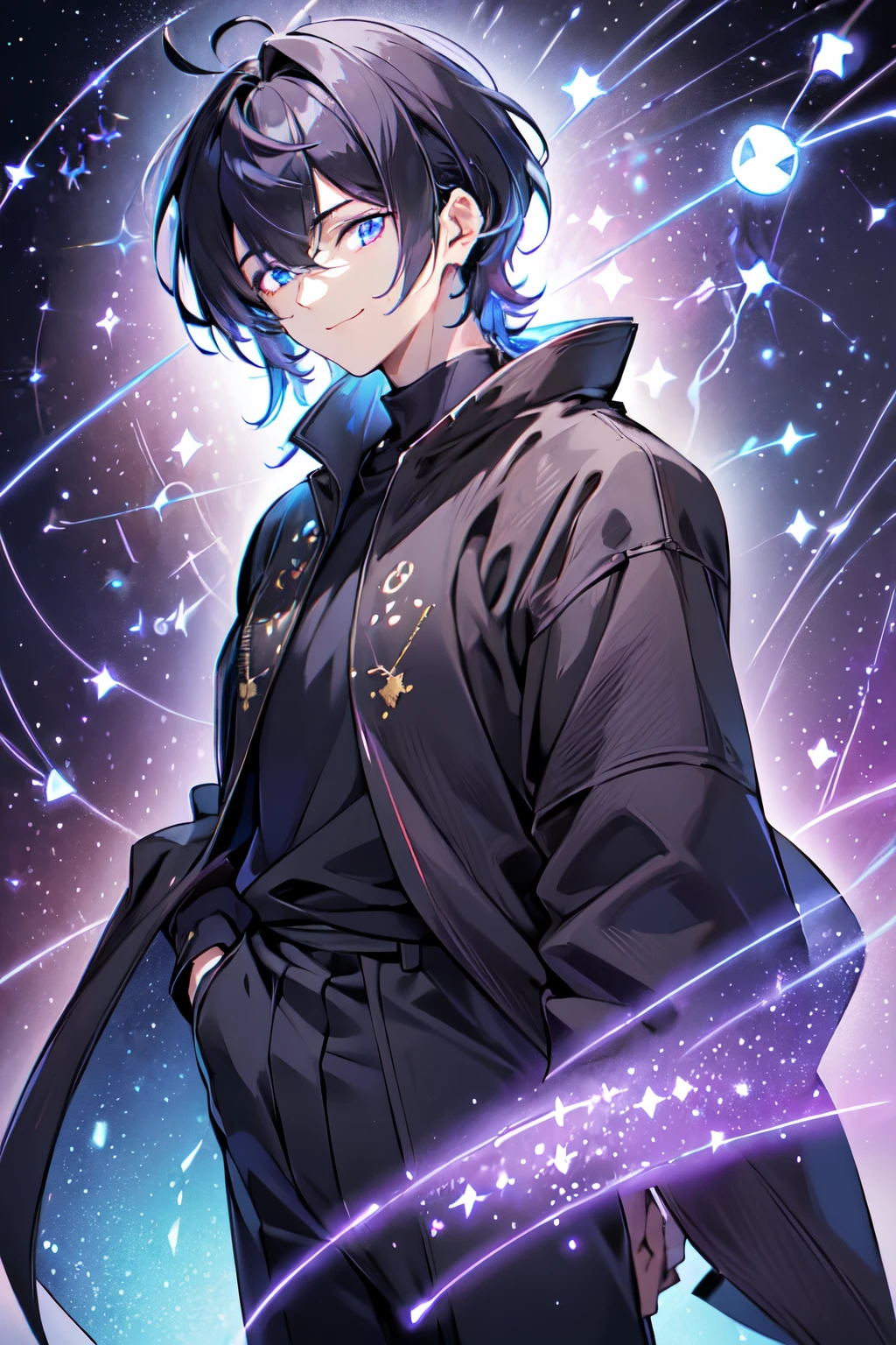 masutepiece、hightquality、Super distinct、ultra-detailliert、((((Male handsome man、 Age 30 years old))))、Eyes purple、Cool with slanted eyes、8 has a strong and fearless body.5 heads, Height 185cm、Cool colored short black hair up to the neck、(((bangs 7arts)))、Smooth nose、face muscles、Throat、Relaxed smile、(((Clothes are constellation fashion)))、(((background constellation horoscope circle)))