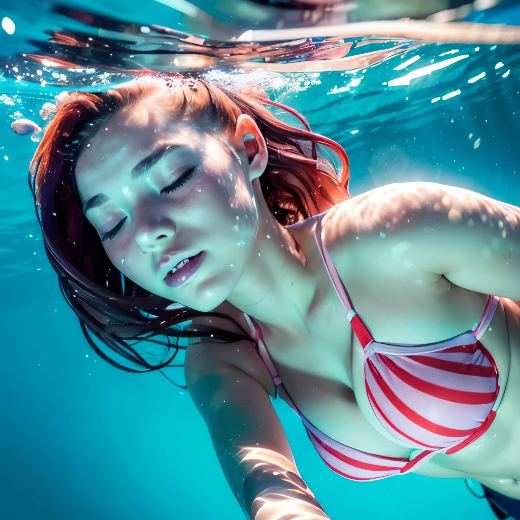 (Girl with coulered hair underwater with closed eyes werarin a bikini), farbkorrektur,Ultra-Weitwinkel, Depth of field on the face, perfect body, no motion