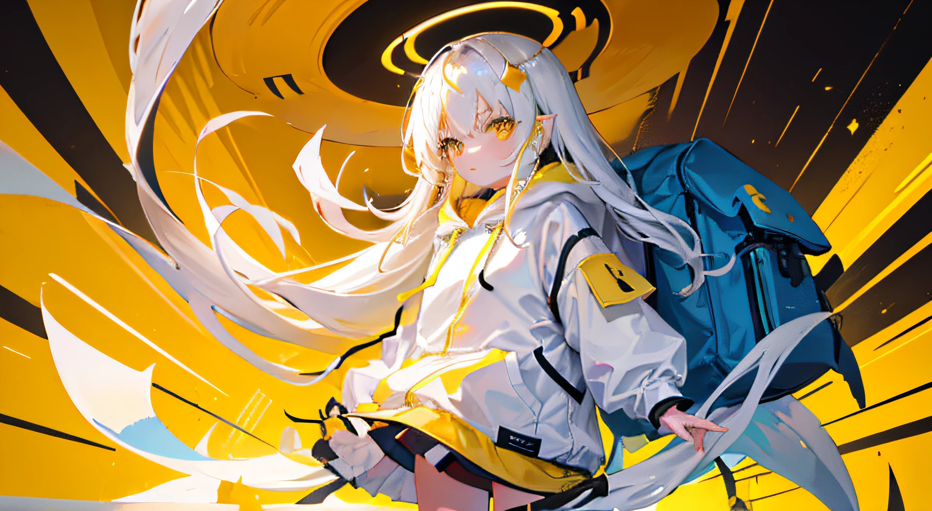 ghost-girl, hairlong, The clothes, Yellow, whitebackground, design, Offended look, full length, hoody, backpack, Yellow eyes,
