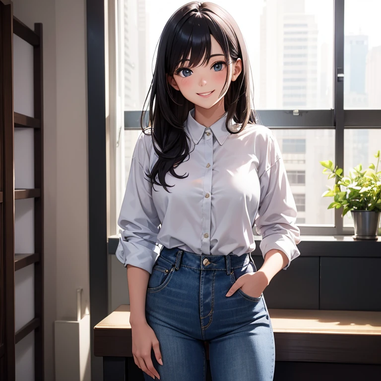 A 25 year old girl wearing white button shirts and blue jeans pant, smiling face, looking at viewer